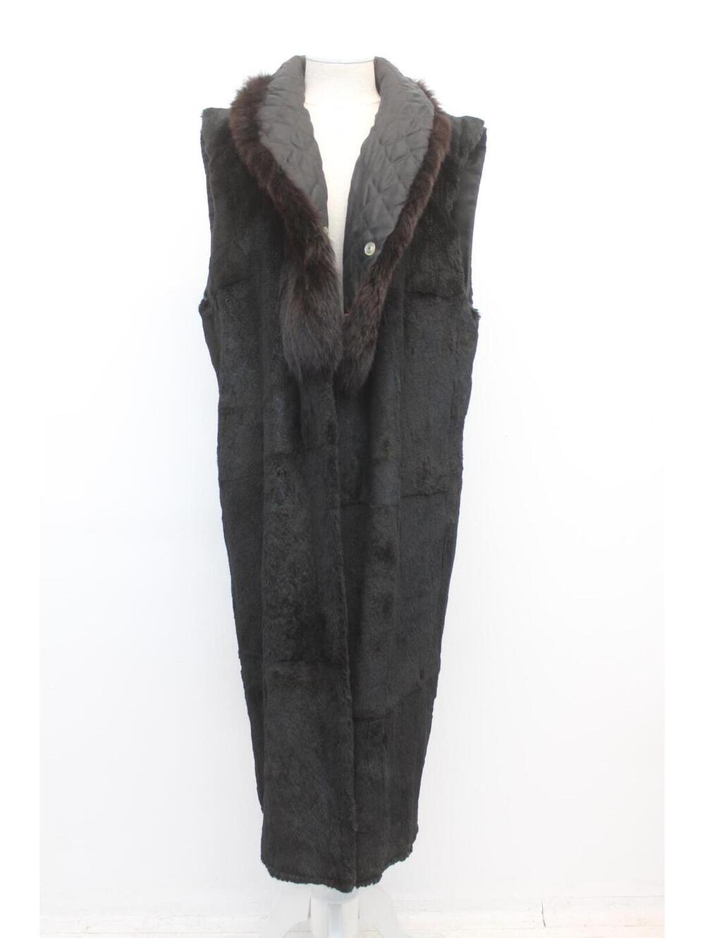 Excellent Black Brown Sheared Rabbit & Fox Fur Long Vest Women Woman Size 10-12